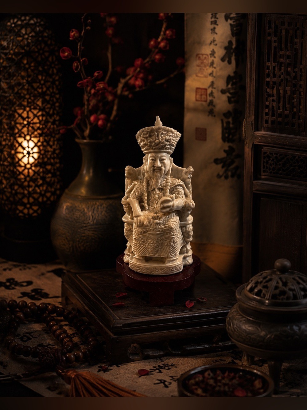 VINTAGE Intricate Chinese Emperor Cream Figurine Statue on Wood Base